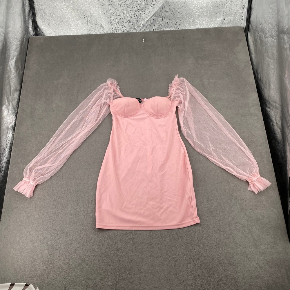 Eilly Bazar Pink Sheer Mesh Long Sleeve Bustier Bodycon Mini Dress Size M